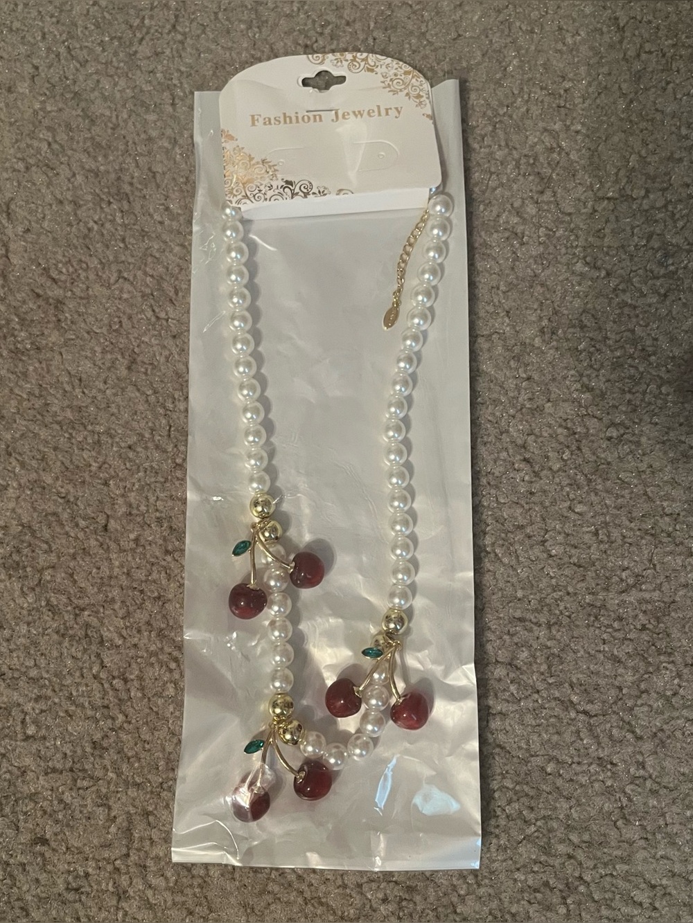 Pearl Necklace with Cherry Pendants - Fashion Jewelry